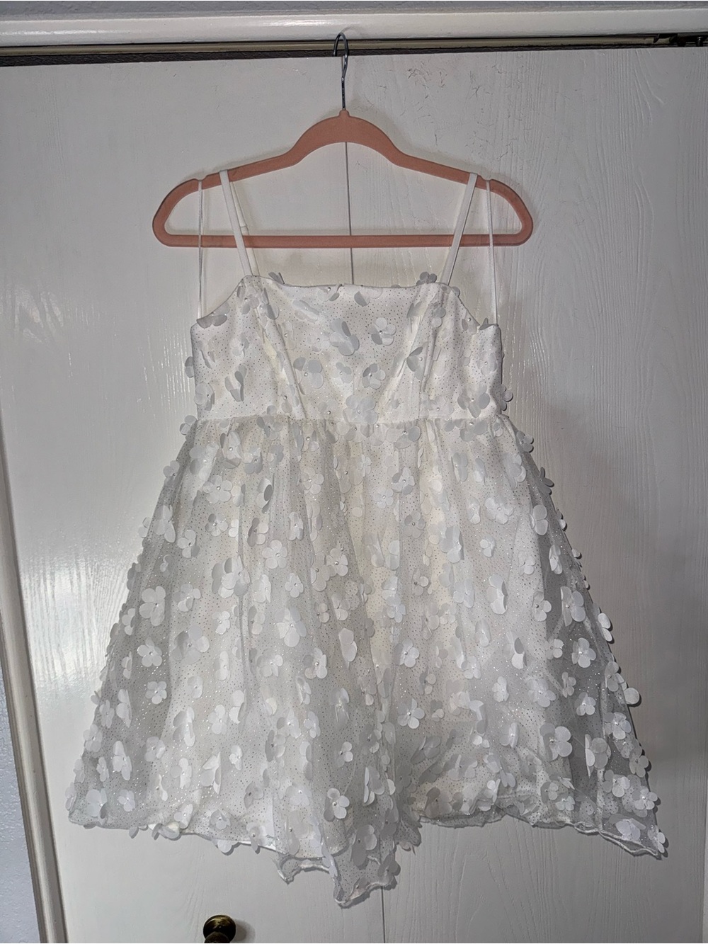 White Floral Appliqué Mini Dress with Spaghetti Straps